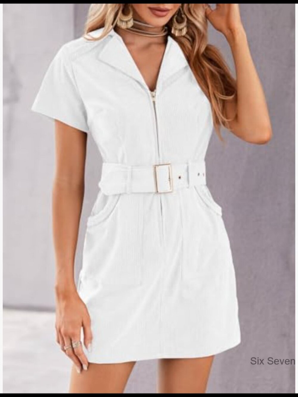 Corduroy Mini Dress with Zip Front and Belt - Picture 2 of 7